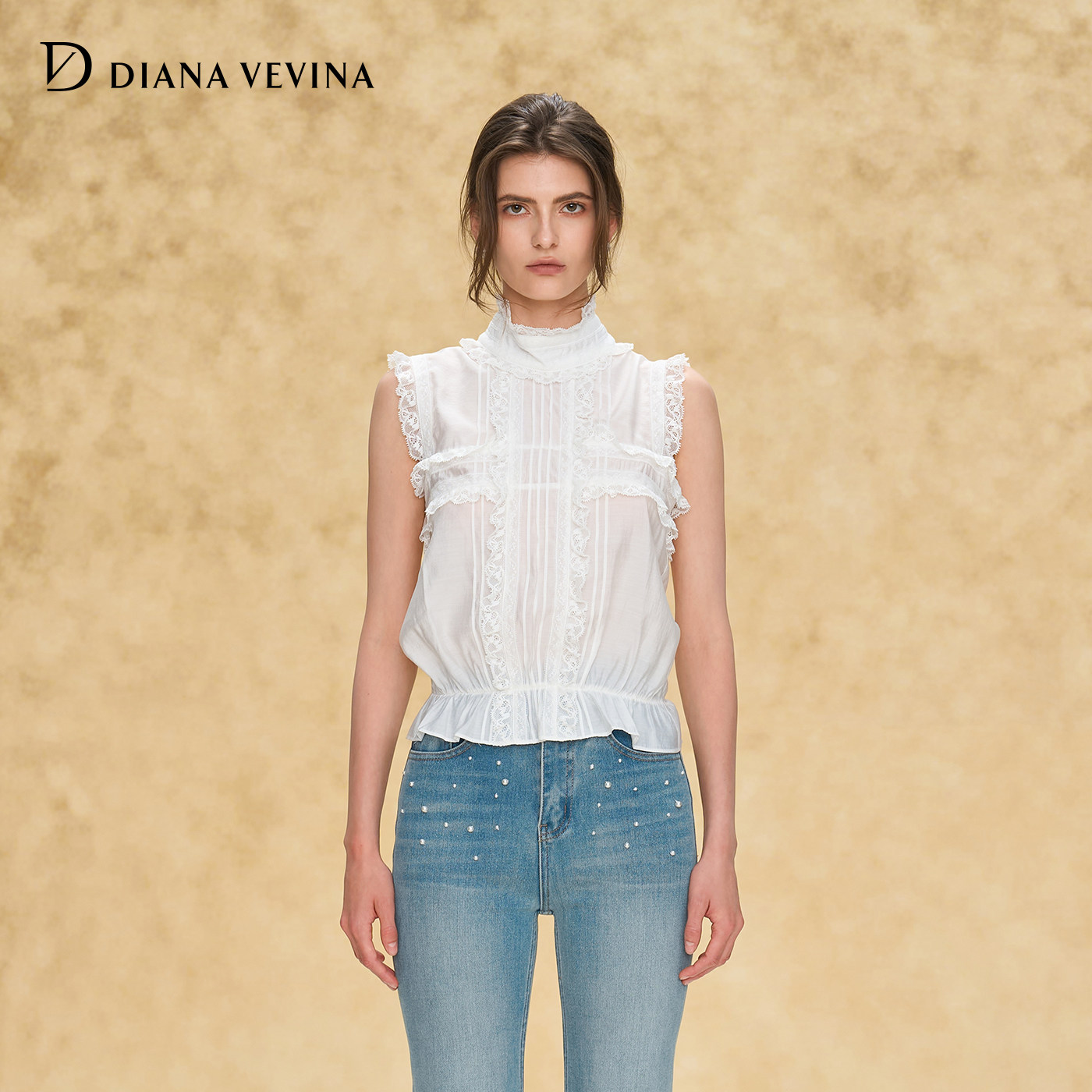 DIANAVEVINA2026夏季新款白色前后两穿蕾丝小衫女无袖收腰短上衣