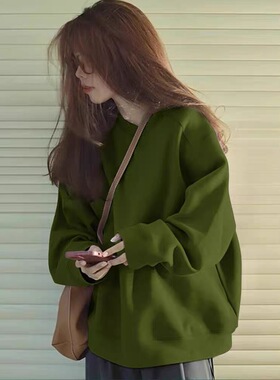 圆领加绒加厚森林绿色卫衣女无帽2025秋冬新款爆款百搭休闲上衣