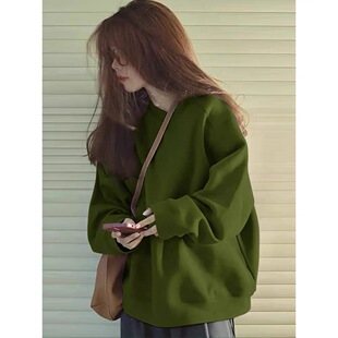 圆领加绒加厚森林绿色卫衣女无帽2025秋冬新款爆款百搭休闲上衣