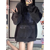 巨显白超好看水洗做旧黑色圆领卫衣女宽松松弛风加绒加厚秋冬上衣