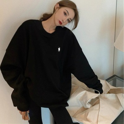 纯棉小众设计感黑色圆领无帽卫衣