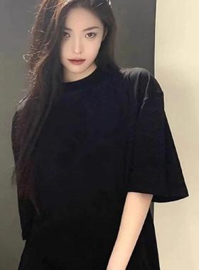 100%纯棉夏季黑色美式复古正肩短袖t恤女百搭显白宽松圆领上衣ins