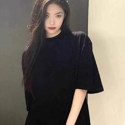 100%纯棉夏季黑色美式复古正肩短袖t恤女百搭显白宽松圆领上衣ins