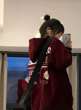 美式风酒红色连帽卫衣女oversize小个子100%纯棉秋冬新款加绒加厚