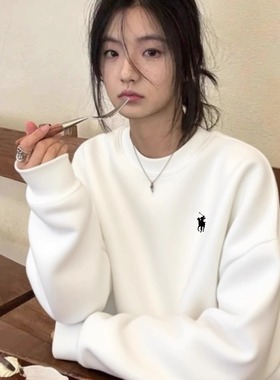 纯棉白色圆领卫衣女百搭显瘦2025秋冬新款设计感小众加绒加厚上衣