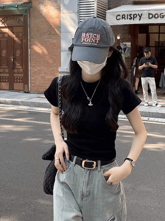 黑色正肩圆领短袖t恤女夏季2024新款修身显瘦纯棉小个子百搭上衣