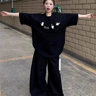 纯棉黑色短袖t恤女宽松oversize慵懒风小众设计感美式潮牌ins上衣