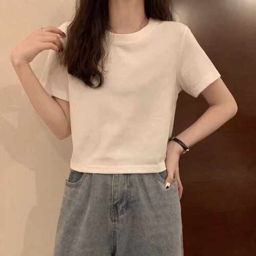 白色夏季短款辣妹短袖纯欲上衣