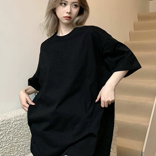 t恤女2025夏季 100%纯棉黑色短袖 宽松oversize慵懒风遮屁股ins上衣