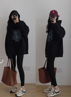 100%纯棉潮牌黑色连帽卫衣女2025春秋薄款小众设计感原创宽松上衣