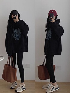 100%纯棉潮牌黑色连帽卫衣女2025春秋薄款 小众设计感原创宽松上衣