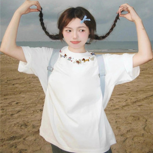 小众百搭质感ins上衣 100%纯棉白色短袖 t恤女宽松夏季 2025新款 美式