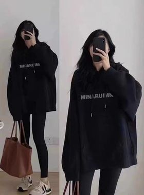 美式复古100%纯棉黑色连帽卫衣女宽松小众设计感潮牌显瘦百搭外套