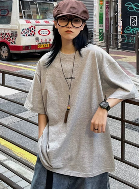 纯棉美式潮牌小个子正肩灰色短袖t恤女夏设计感oversize半袖上衣