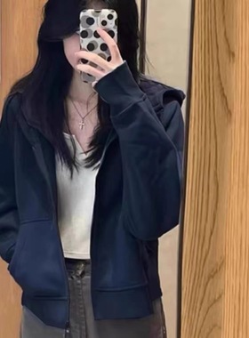 纯棉小个子穿搭藏青色短款卫衣女外套2025新款拉链开衫连帽上衣