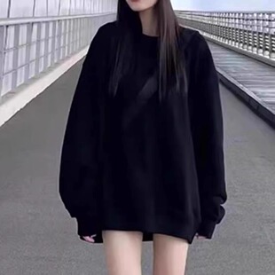 盐系松弛慵懒风黑色圆领无帽卫衣女宽松2025秋冬新款爆款百搭上衣