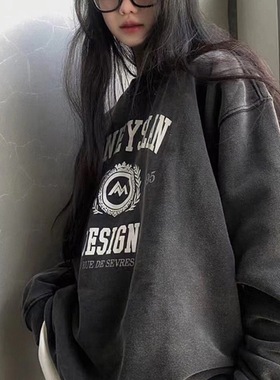 网红爆款巨显白百搭做旧款水洗黑色卫衣女2025秋冬新款加绒上衣