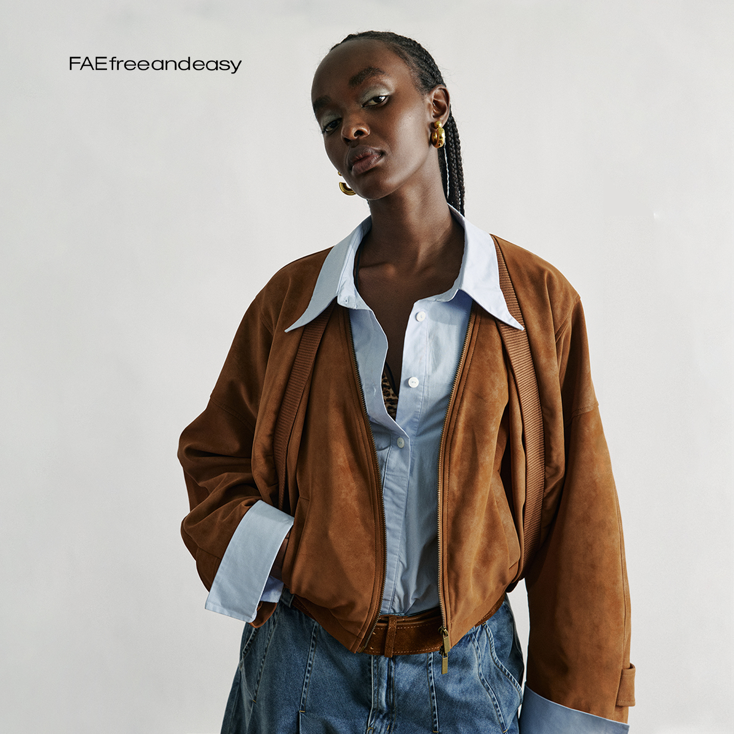 麂皮假两件插兜短夹克巴恩风