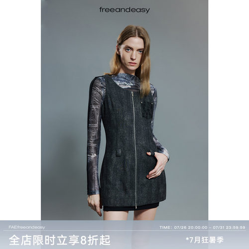 FAE蕾丝贴袋牛仔无袖连衣裙