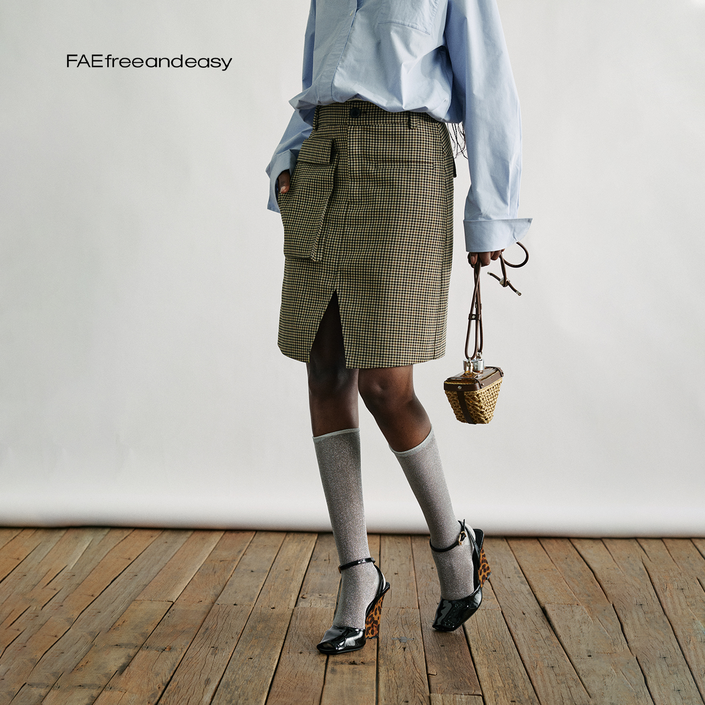 美拉德格纹立体袋气质五分裙