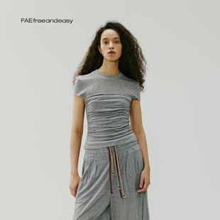 小飞袖 褶皱弹力修身 平和圣光 短T女夏莱赛尔舒适上衣 FAE