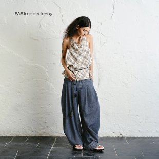 高腰弯刀裤 斜纹棉感水洗做旧牛仔裤 漠日织痕 阔腿休闲裤 FAE