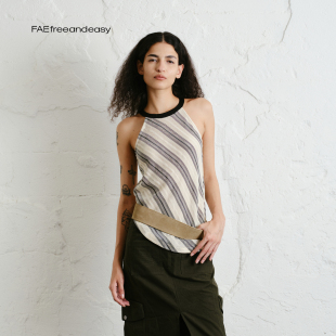 松弛斜下摆挂脖上衣夏季 平和圣光 醋酸条纹撞色吊带背心 FAE