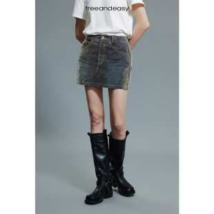 植绒重工水洗牛仔半裙复古做旧辣妹A字包臀裙 超速预警 FAE