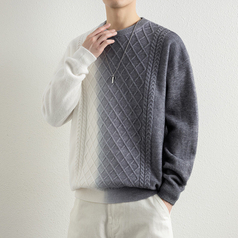冬季上新青少年内搭菱格纹拼色圆领毛衣男生舒适潮流保暖针织衫