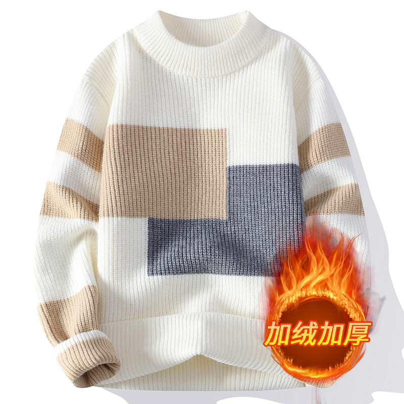 撞色毛衣男冬季加绒加厚潮牌针织衫男宽松高级感慵懒秋冬保暖线衣