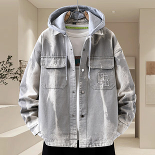 春季新款牛仔外套男高级感痞帅潮牌连帽青少年水洗夹克可脱卸帽子
