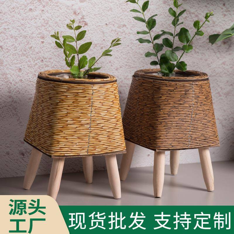 室内仿藤编花架三角支架花盆桌面创意多肉收纳容器办公室草编盆