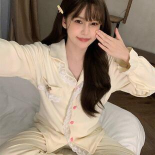 德绒睡衣女款秋冬季加厚长袖蕾丝花边开衫套装公主风家居服可外穿