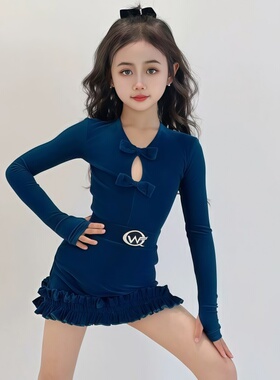 2026春新款女童拉丁舞服练习服镂空长袖蝴蝶结V领上衣包臀短裙