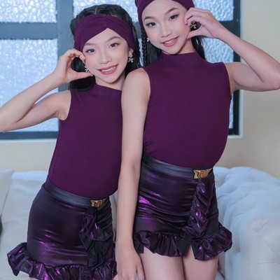 女童拉丁露背上衣暗红星点烫金裙
