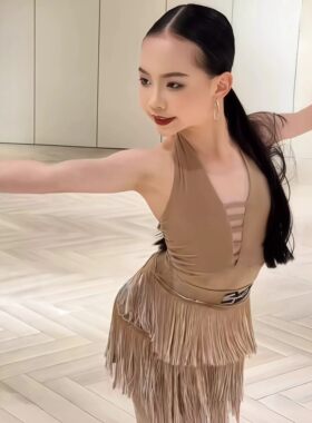 夏新款拉丁女童挂脖流苏裙练功服