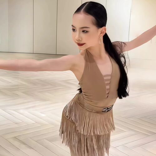 夏新款拉丁女童挂脖流苏裙练功服
