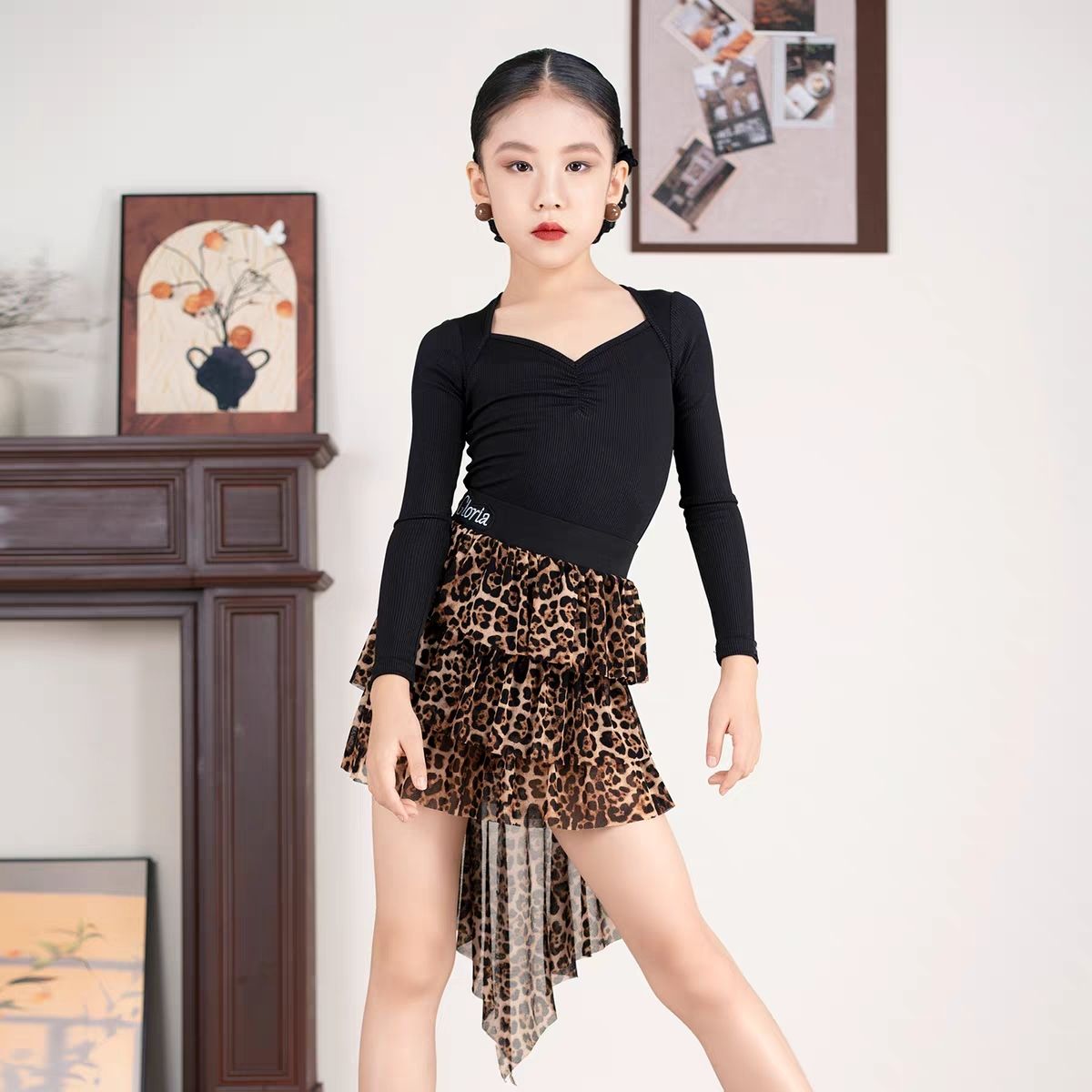 冬女童拉丁舞长袖上衣豹纹包臀裙