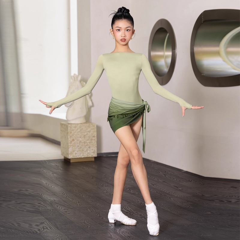 冬季女童拉丁舞长袖一字领包臀裙