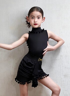 夏季新款女童拉丁练功服无袖高领露背上衣分体飘带短裙演出套装