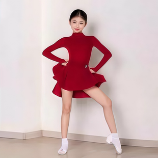 意涵冠军风女童拉丁舞比赛服专业长袖后V丝绒规定服高级感大摆裙
