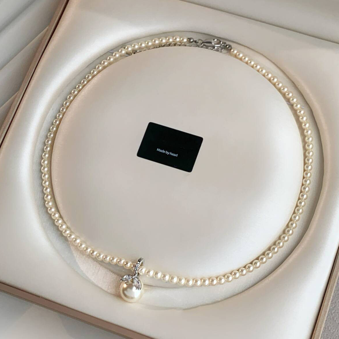 施家真多麻灰澳白色珍珠项链女轻奢小众精致微镶锆石吊坠锁骨链