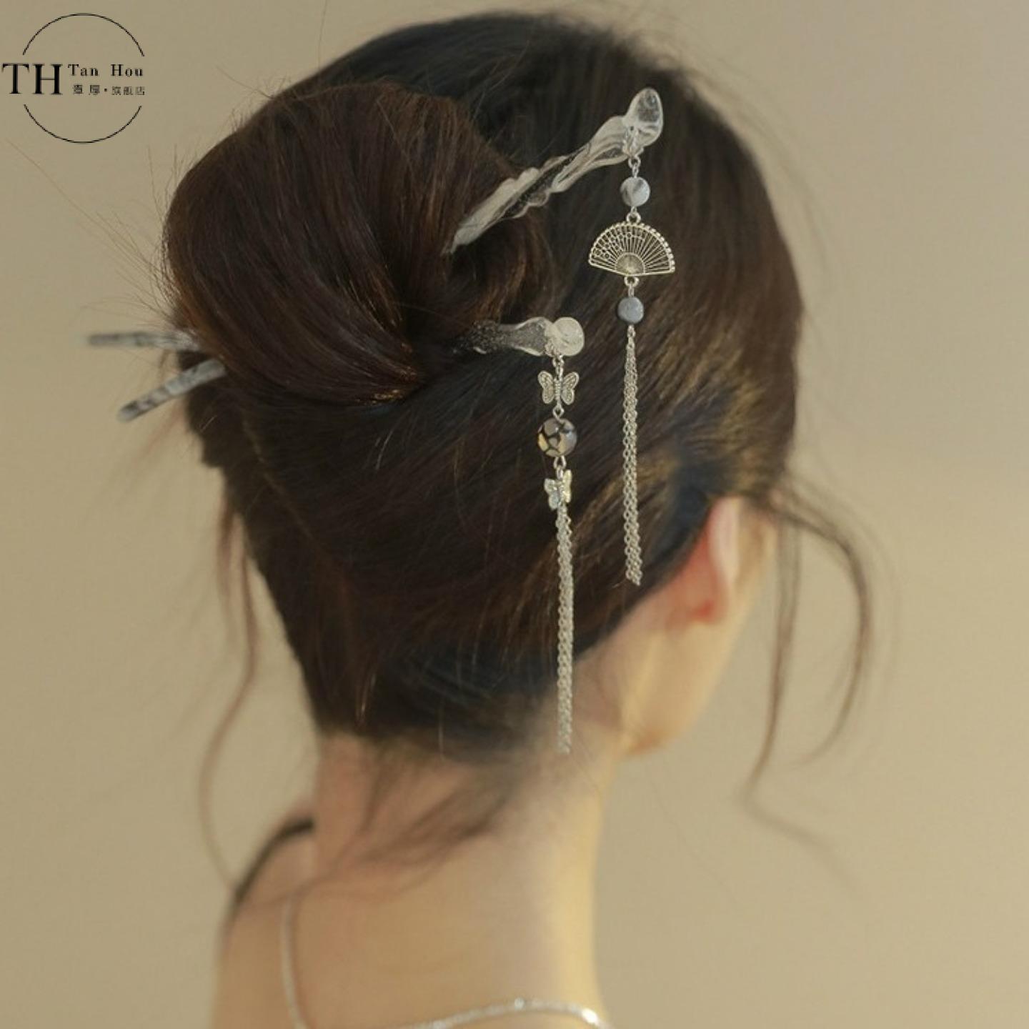 新中式扇形蝴蝶流苏发簪子女