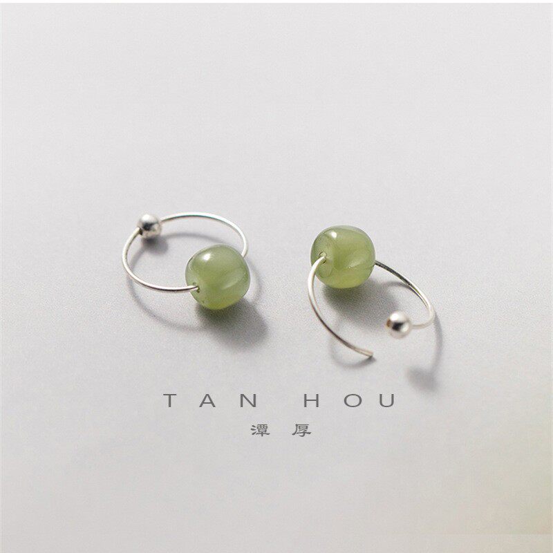 潭厚苍幽绿复古女式耳环简约珠子s925时尚优雅淑女气质耳圈新款