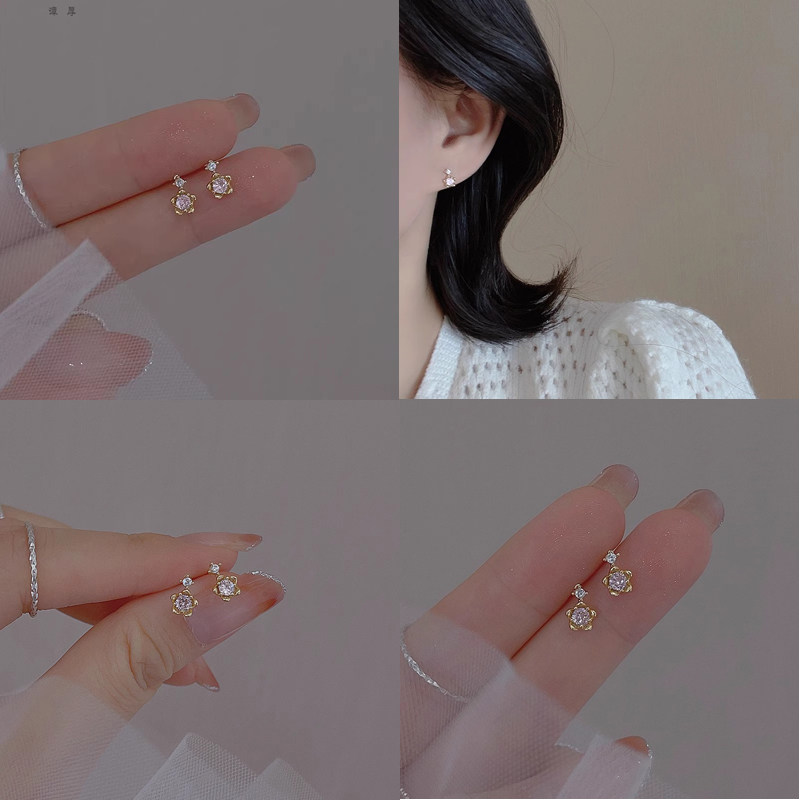 清新甜美迷你粉色锆石花朵耳钉！
