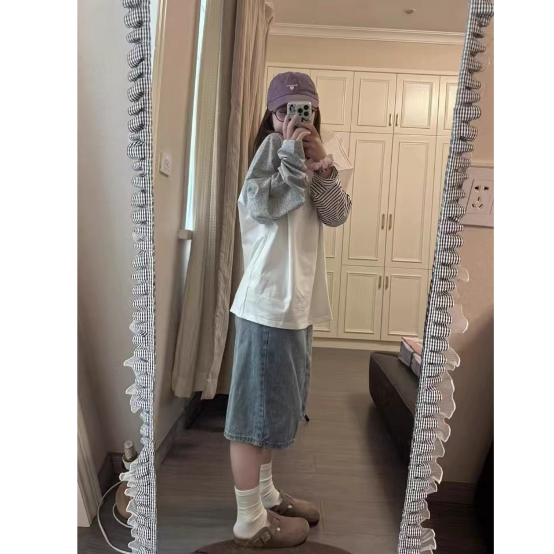 韩系设计感袖子波点条纹撞色拼接插肩长袖T恤女秋季宽松小众上衣