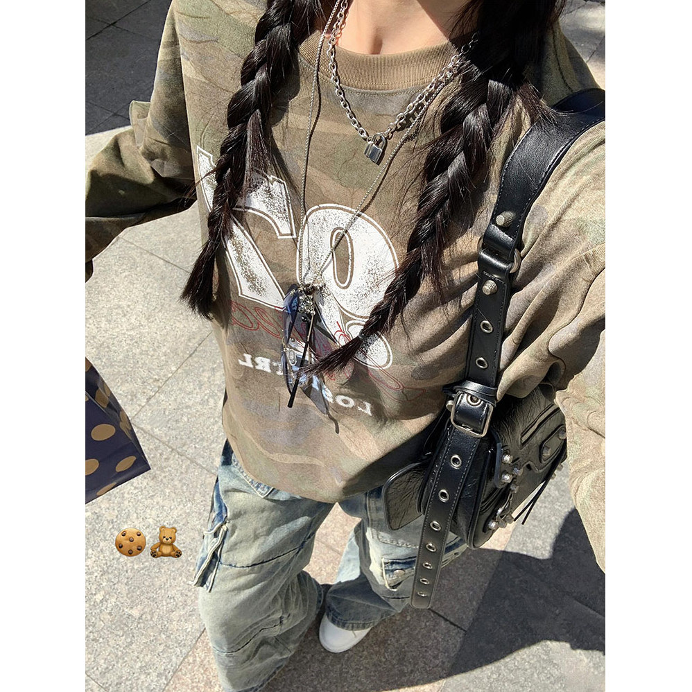 美式复古迷彩数字印花长袖t恤女早秋季宽松圆领套头情侣卫衣上衣
