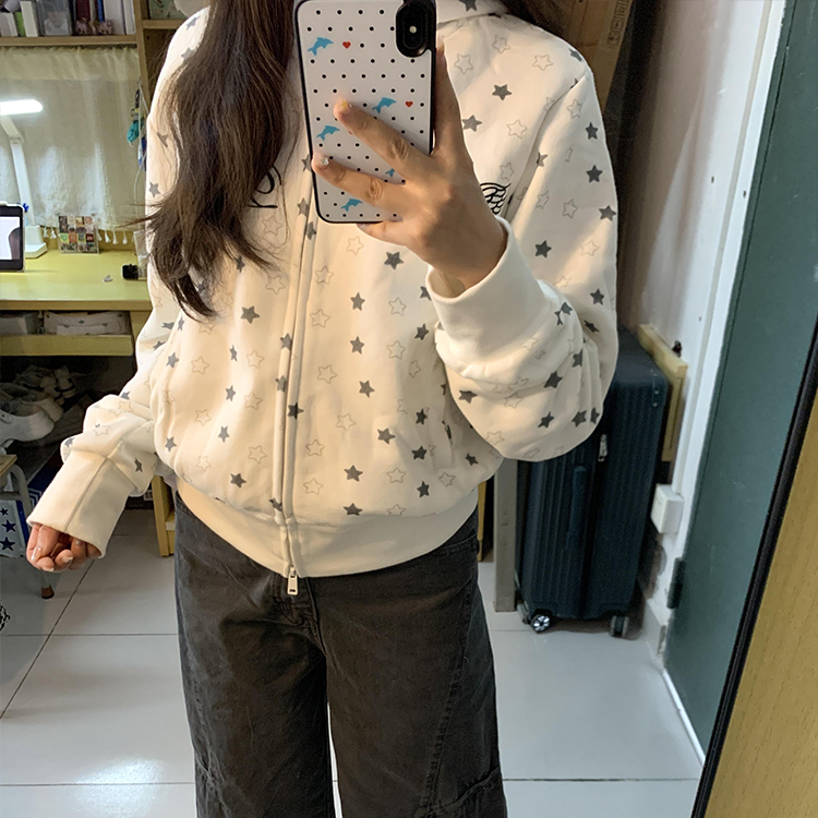 星星满印连帽开衫卫衣女春秋2025新款刺绣翅膀设计感连帽短款外套