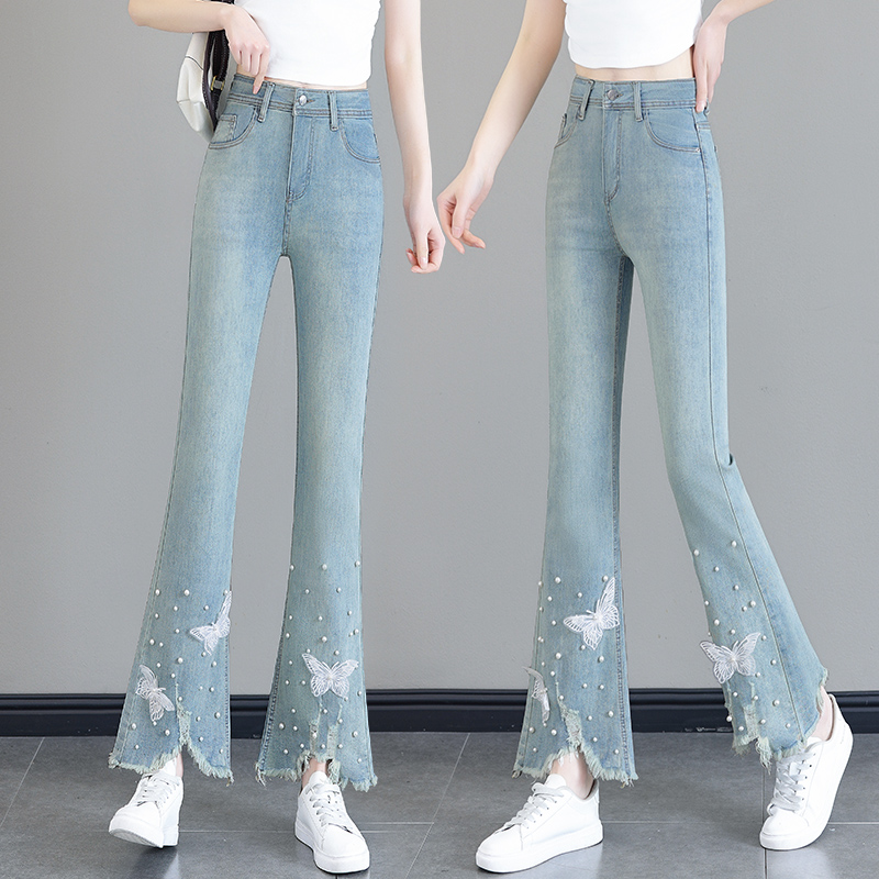 夏季薄款开叉国风微喇牛仔裤女