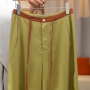 拼色松紧高腰显瘦直筒裤 新款 子 女2026夏季 复古芥绿天丝亚麻阔腿裤